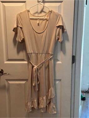 Amazon Cream Short-Sleeve Tie-Waist Midi Dress with Ruffle Hem